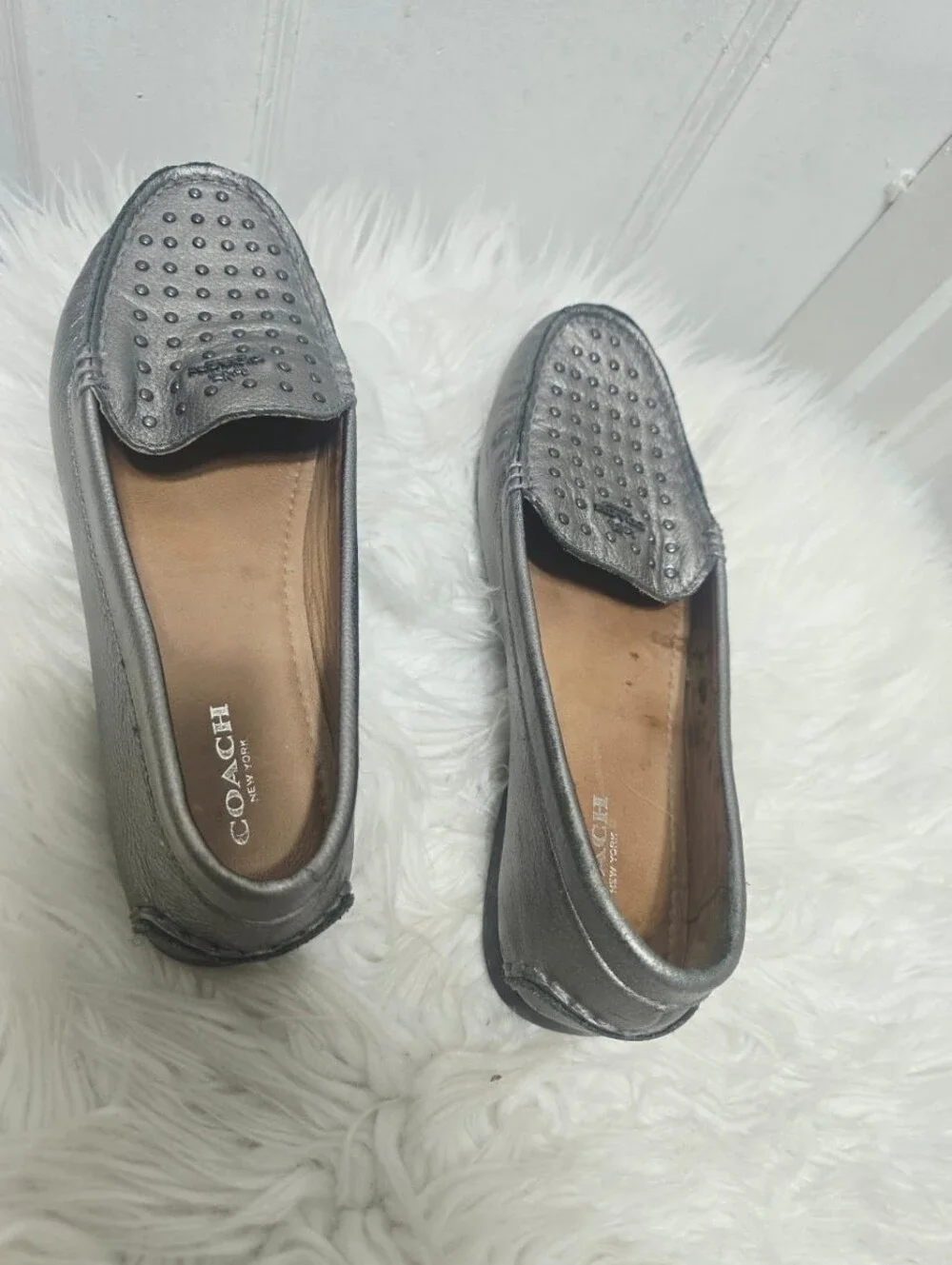 Coach Orlene Metallic Loafers Silver Leather Upper with stud Women's Size 7B